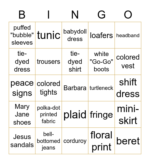 Barbara's 60th Birthday- 60s Attire Bingo Card