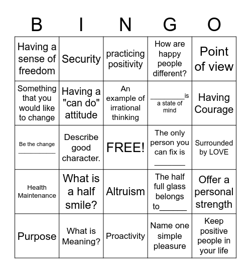 Optimism vs. Pessimism Bingo Card