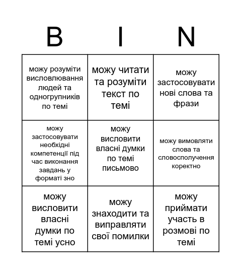 формувальне оцінювання (іноземна мова) Bingo Card