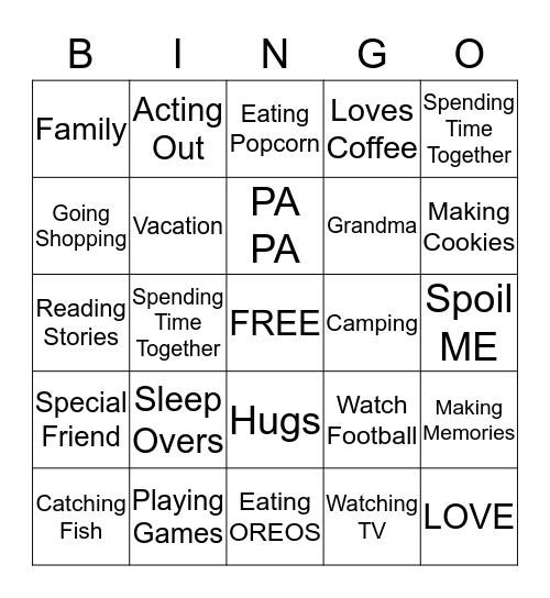 Grandparent Day Bingo Card