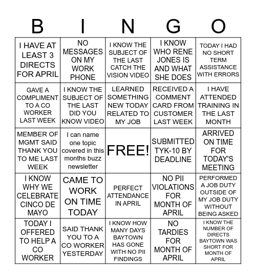 BAYTOWN  BINGO Card