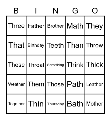 Hard and Soft -th- words Bingo Card