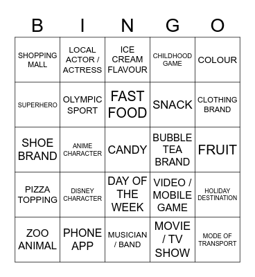 HAPPINESS GROUP : FAVOURITES Bingo Card