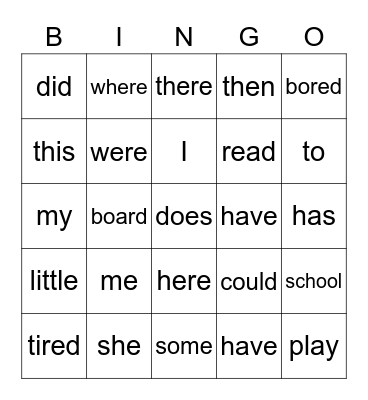 Sight Words Bingo Card