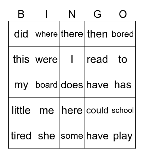 Sight Words Bingo Card