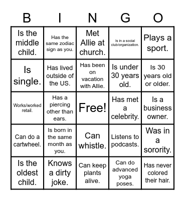Allie's Best Babes Bingo Card