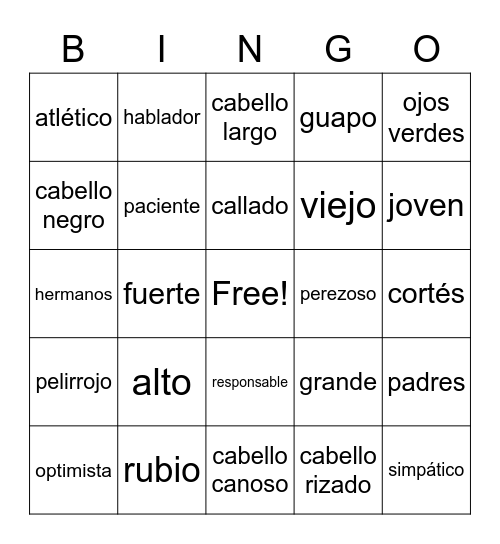 Spanish I Vocabulary Ajdectives Bingo Card