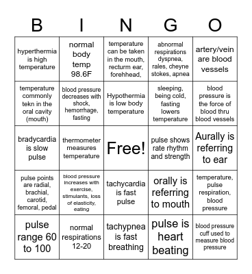 Vital Signs Bingo Card