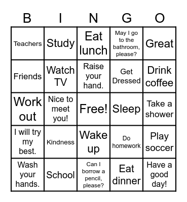 English Vocabulary Bingo Card