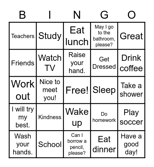 English Vocabulary Bingo Card