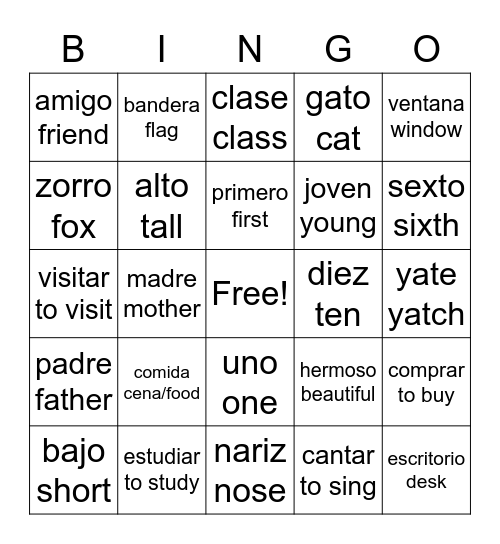 Vocabulario/Vocabulary Bingo Card