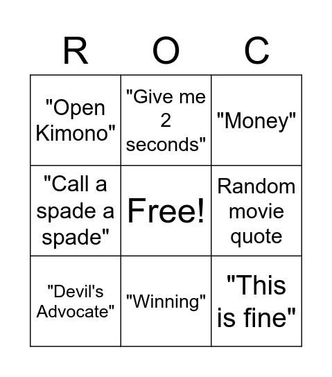 Rocco Bingo Card