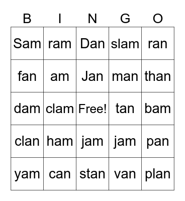 -am and -an glued sounds Bingo Card