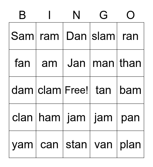 -am and -an glued sounds Bingo Card