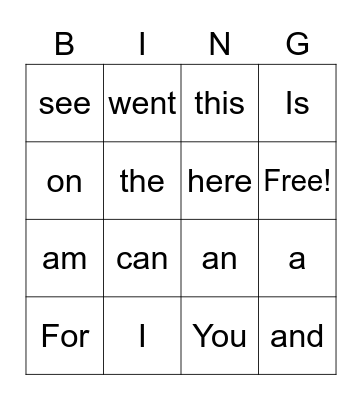 Sight Words Bingo Card