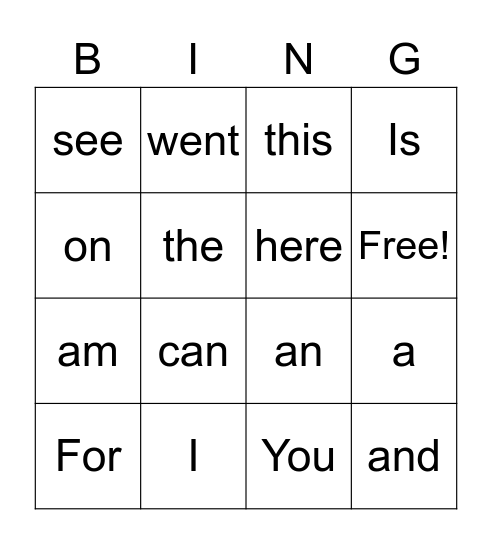 Sight Words Bingo Card