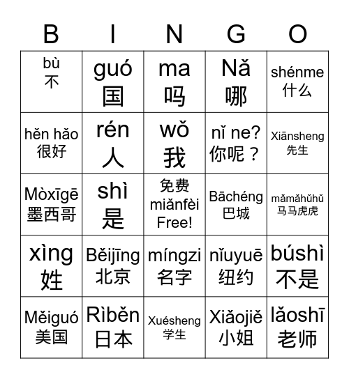Lesson 1 Dialogue 2 Nationalities Bingo Card