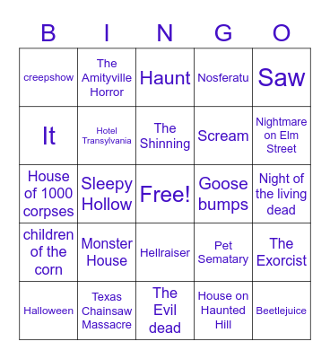 Halloween movie bingo Card