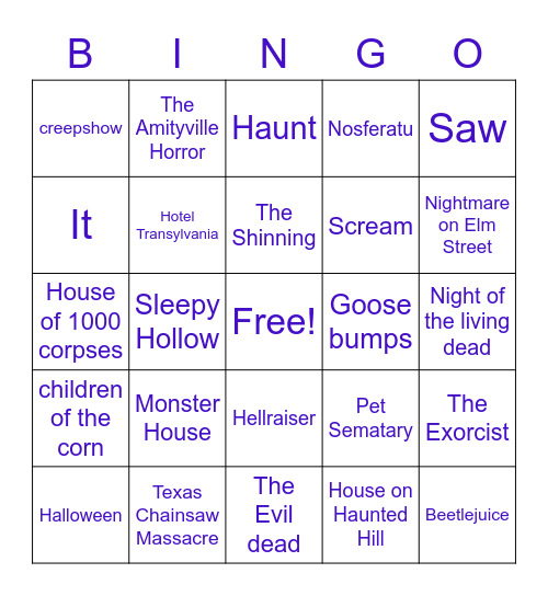 Halloween movie bingo Card