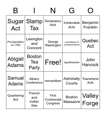 1760s Bingo Card