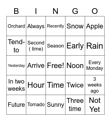 Time, Calendar, Seasonal and weather Theme Bingo Card