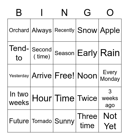Time, Calendar, Seasonal and weather Theme Bingo Card