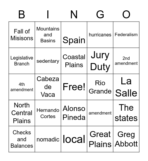 Texas History Bingo Card