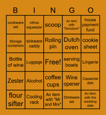 Bridal Shower Bingo Card