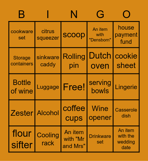 Bridal Shower Bingo Card