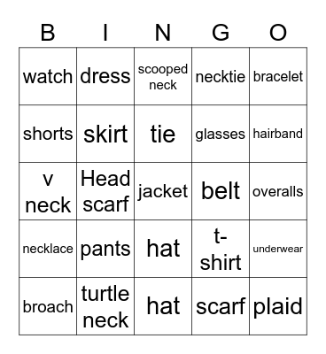 Clothing & Clothing Accessories Bingo Card