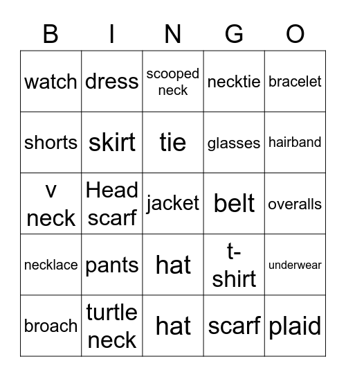 Clothing & Clothing Accessories Bingo Card