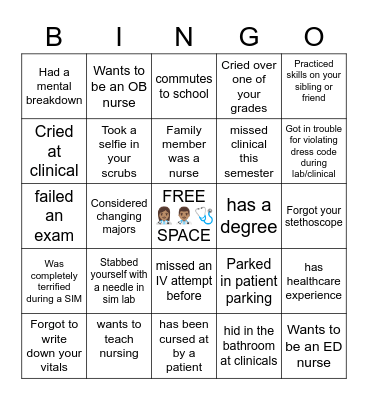 Nursing Student  🩺👩🏽‍⚕️👨🏽‍⚕️ Bingo Card