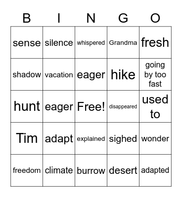 G2 U2 W1 A Visit to the Desert Bingo Card