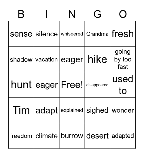 G2 U2 W1 A Visit to the Desert Bingo Card