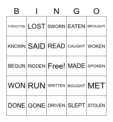 Past Participle Verbs Bingo Card