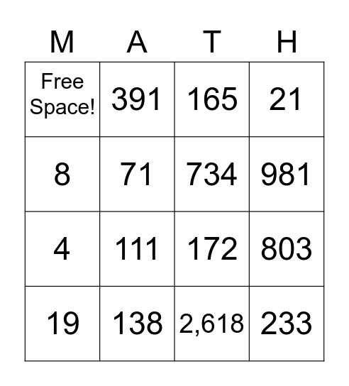 Long Division Bingo Card