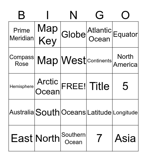 Continents, Oceans and Others Bingo Card