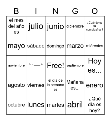Spanish Days and Months Bingo Card