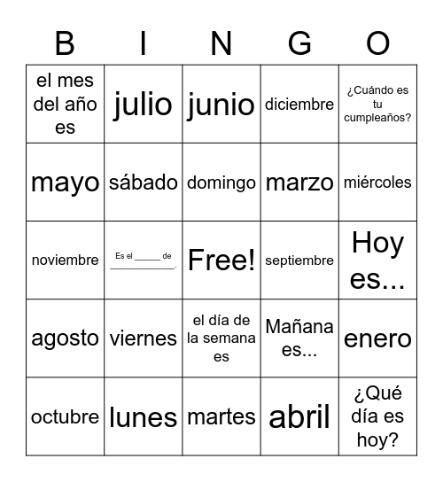 Spanish Days and Months Bingo Card