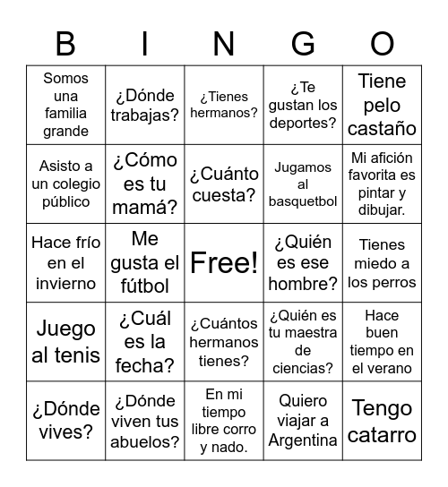 Spanish II Phrases Bingo Card