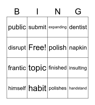Multisyllable Closed Words Bingo Card