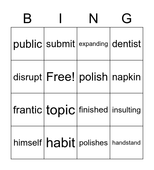 Multisyllable Closed Words Bingo Card