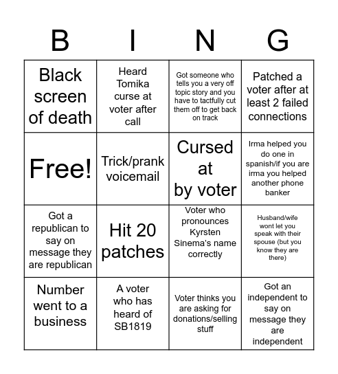 Patchers Bingo Card