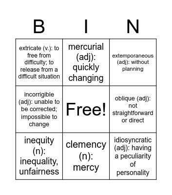 Vocabulary 9 Bingo Card