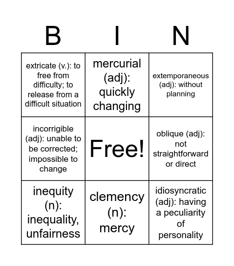 Vocabulary 9 Bingo Card