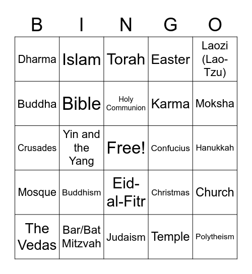 World Religions Bingo Card