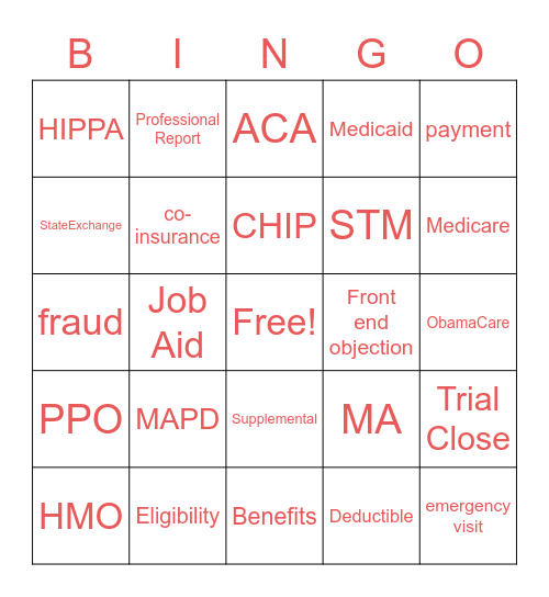 Health Care Bingo Card