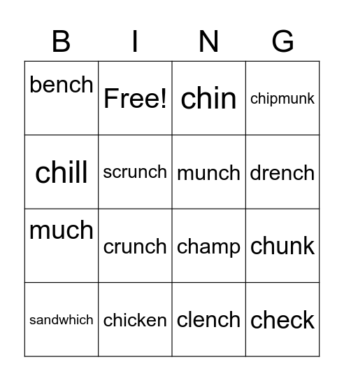 Ch words Bingo Card