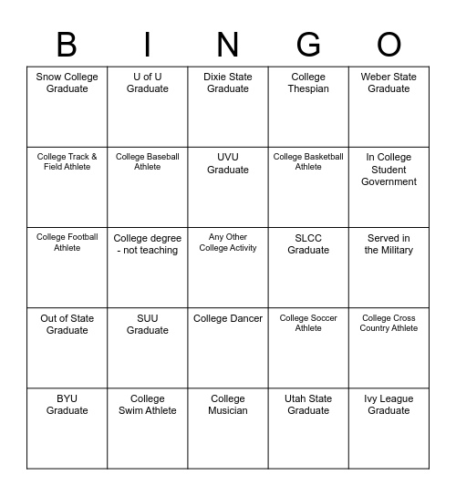 Faculty and Staff College Bingo Card