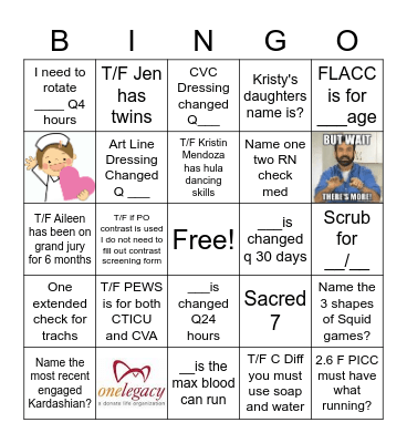 Standards of Care Bingo Card